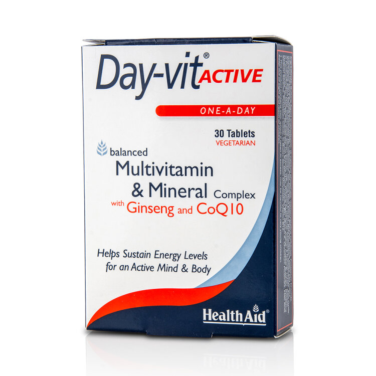 Health Aid Day-vit Active, Multivitamin & Mineral & Co Q10-Ginseng, για Σωματική & Πνευματική Τόνωση 30δισκία