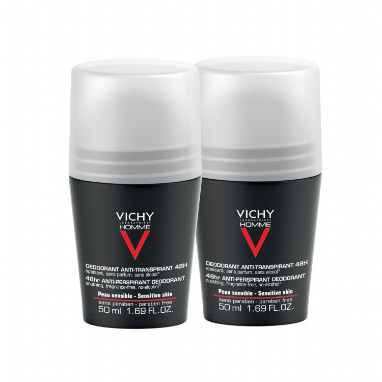 Vichy Homme Deodorant Anti Transpirant 48h Roll On Ανδρικό Αποσμητικό -50% ΕΚΠΤΩΣΗ ΣΤΟ 2ο ΠΡΟΪΟΝ 2 x 50ml