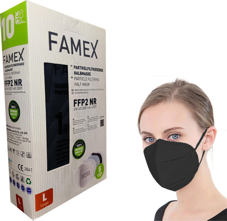 Famex FFP2 NR BLACK LARGE 100pcs Particle Filtering Half Mask