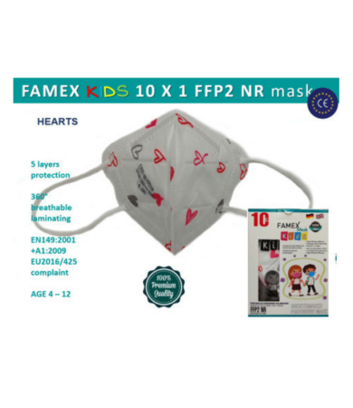 Famex Kids Mask FFP2 NR Girls Pink Hearts 10pcs